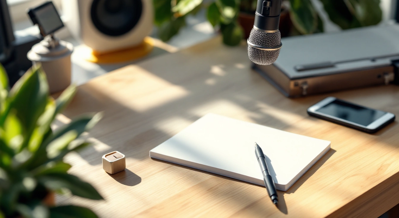 Blank notebook and recording microphone on a quiet worktable.